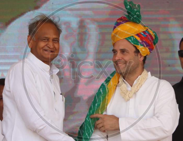 Rahul Gandhi, President of Indian National Congress(INC) with Ashok Gehlot, Chief Minister of Rajasthan during an election campaign in a village near Ajmer, Rajasthan on April 25, 2019