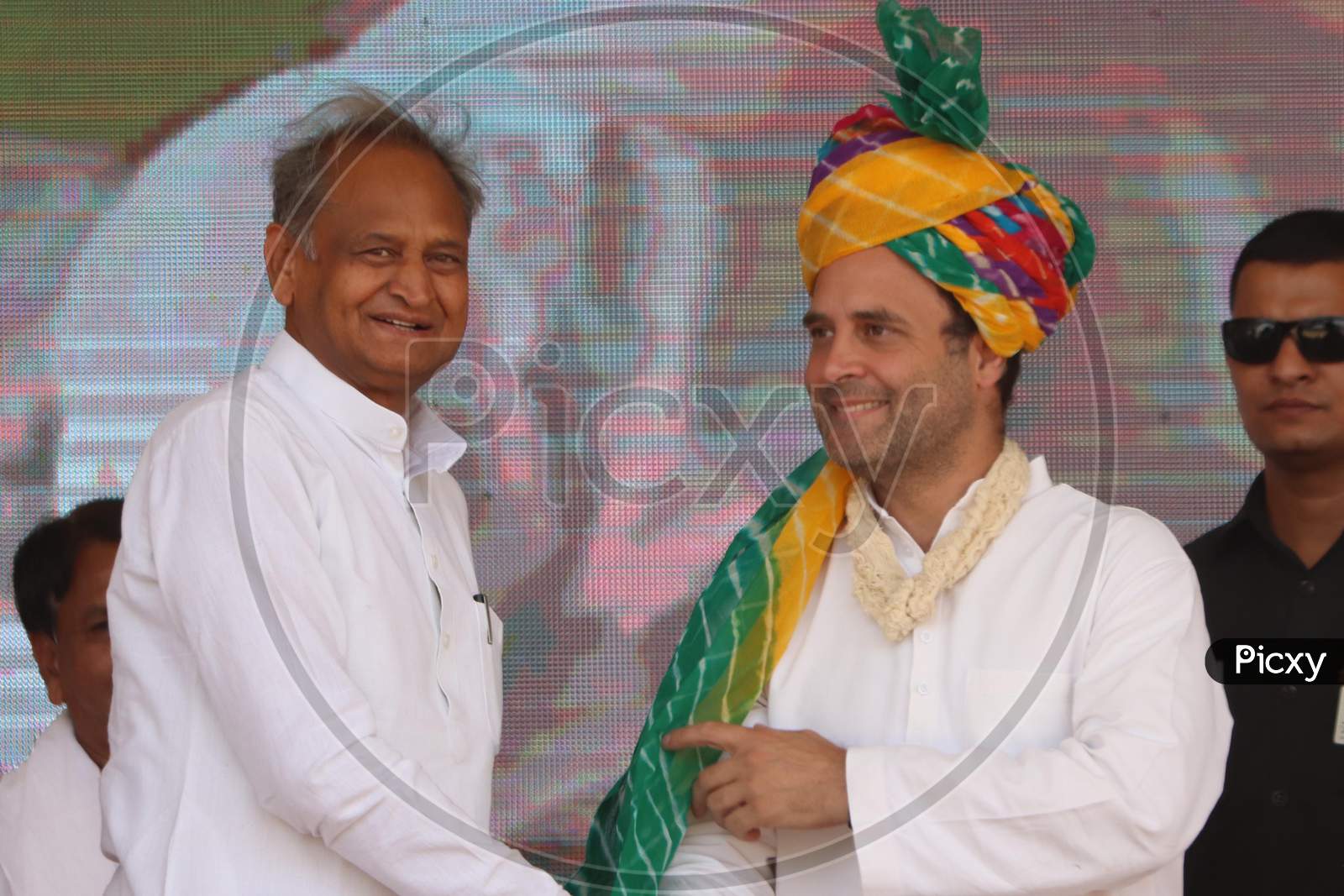 Rahul Gandhi, President of Indian National Congress(INC) with Ashok Gehlot, Chief Minister of Rajasthan during an election campaign in a village near Ajmer, Rajasthan on April 25, 2019