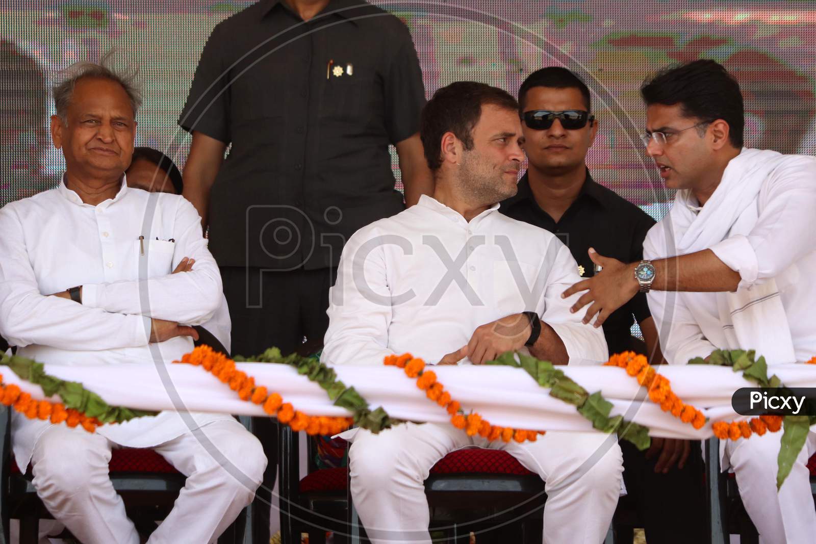 Rahul Gandhi, President of Indian National Congress(INC) with Ashok Gehlot, Chief Minister of Rajasthan and Sachin Pilot, Deputy Chief Minister of Rajasthan during an election campaign in a village near Ajmer, Rajasthan on April 25, 2019