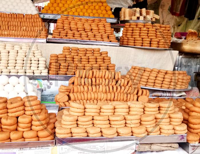 Gurugram, Haryana, India - April 2019:Indian Sweets And Mithai In A Tray
