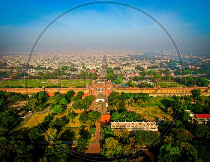 aerial shot of red fort delhi india