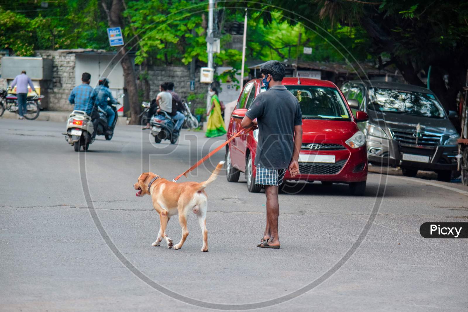 Hyderabad, Telangana, India. july-14-2020: man is walking on the road with his pet dog. man with protective safety mask on his face