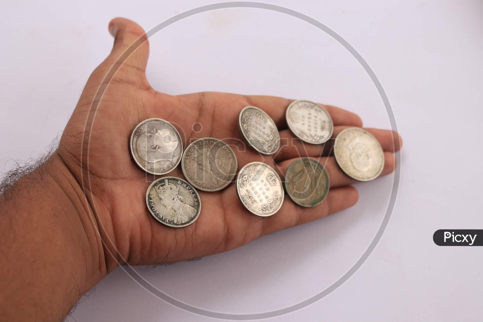 Indian Currency Coins in Plam isolated with White Background