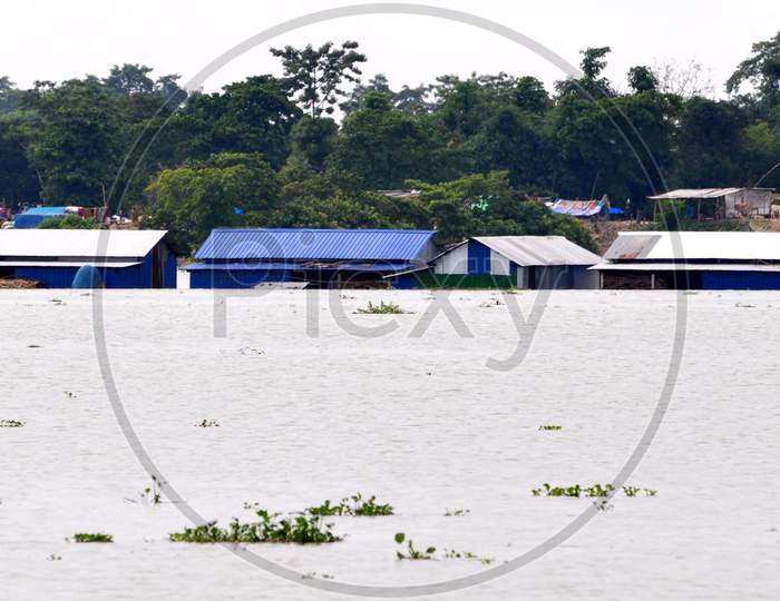 A view of a submerged village in the flood-affected regions of Morigaon, Assam on July 14, 2020