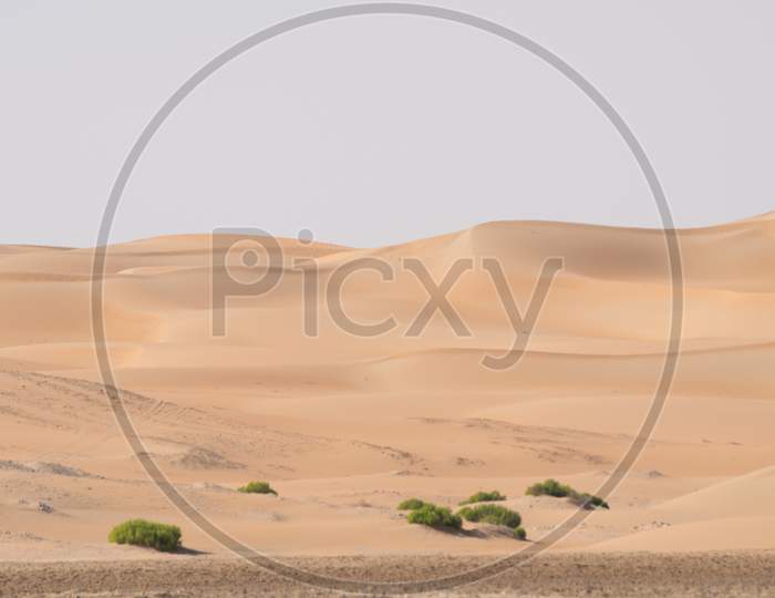 A Beautiful Valley In Liwa Desert In Abu Dhabi With Clean Sand Dunes And Blue Sky