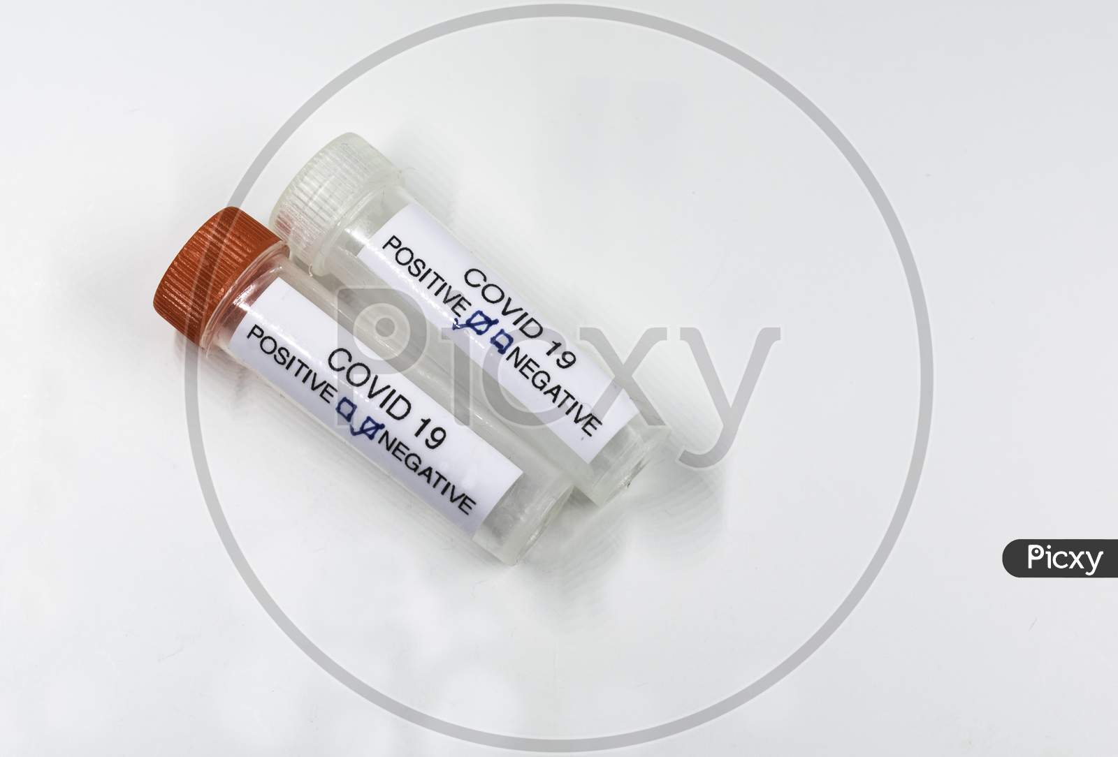 Testing For Presence Of Coronavirus. Tube Containing A Swab Sample That Has Tested Positive For Covid-19.