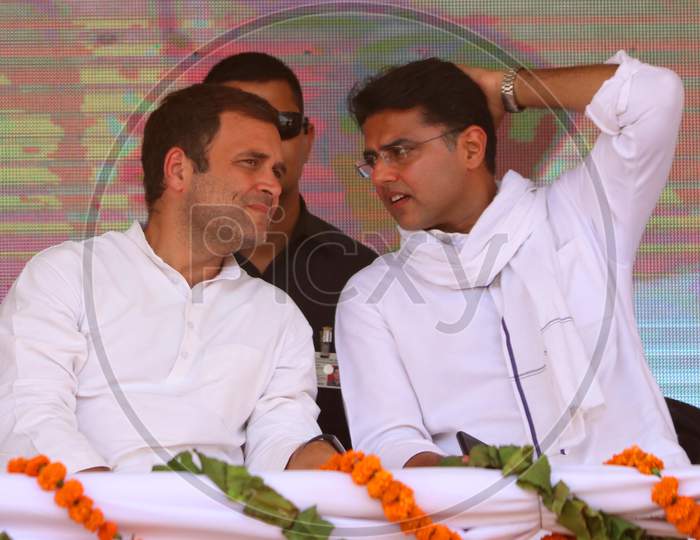 Rahul Gandhi, President of Indian National Congress(INC) with Sachin Pilot, Deputy Chief Minister of Rajasthan during an election campaign rally in Ajmer, Rajasthan on April 25, 2019