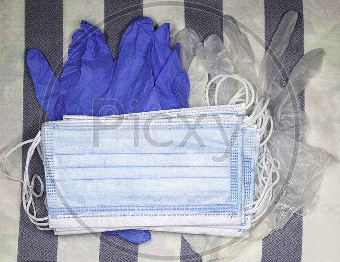 A Collection Of Different Gloves And Masks Available In Market, Covid 19, Coronavirus Stay Home Stay Safe