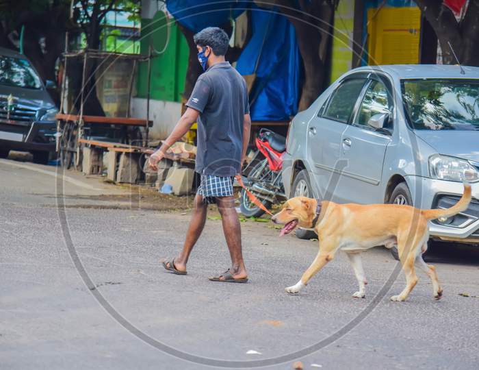 Hyderabad, Telangana, India. july-14-2020: man is walking on the road with his pet dog. man with protective safety mask on his face