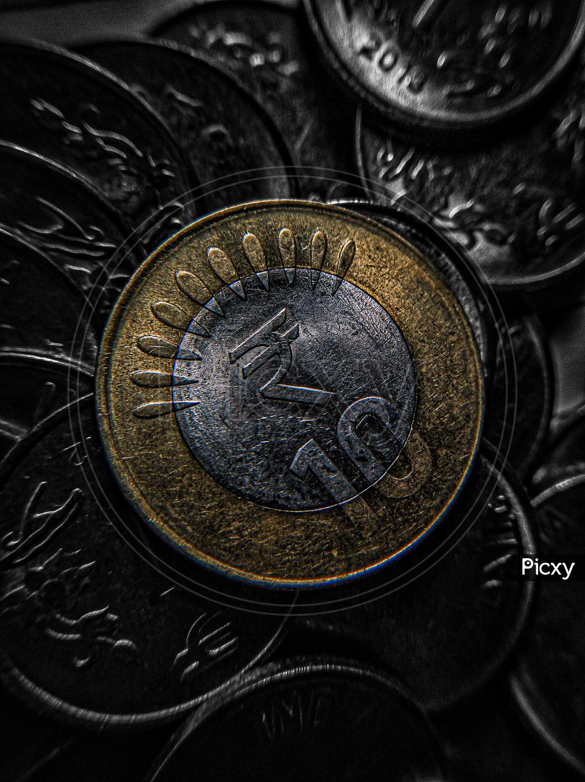 Ten rupee Indian coin close up shot