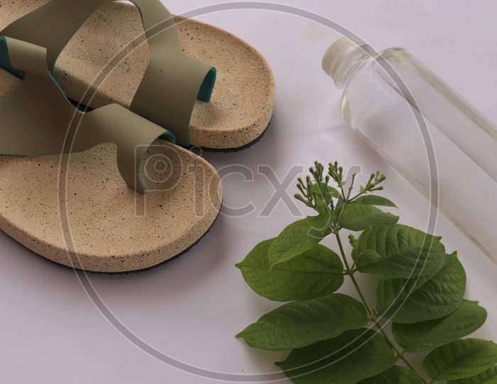 Slippers or Sandals with Water Bottle and Green Leaves on White Background