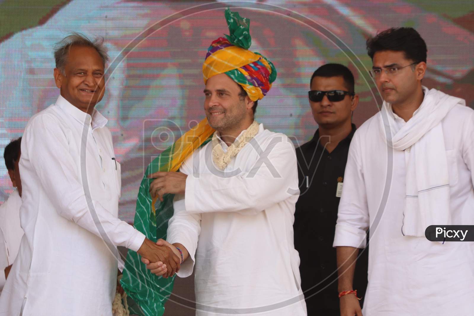 Rahul Gandhi, President of Indian National Congress(INC) with Ashok Gehlot, Chief Minister of Rajasthan and Sachin Pilot, Deputy Chief Minister of Rajasthan during an election campaign in a village near Ajmer, Rajasthan on April 25, 2019