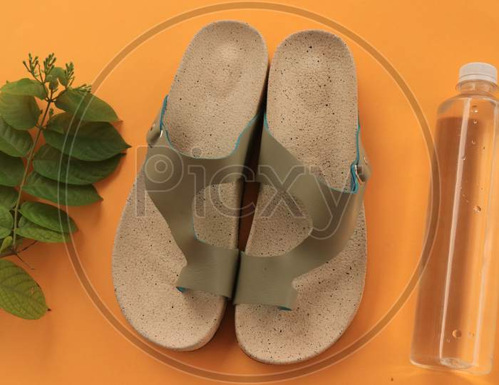 Slippers or Sandals with Water Bottle and Green Leaves on Orange Background