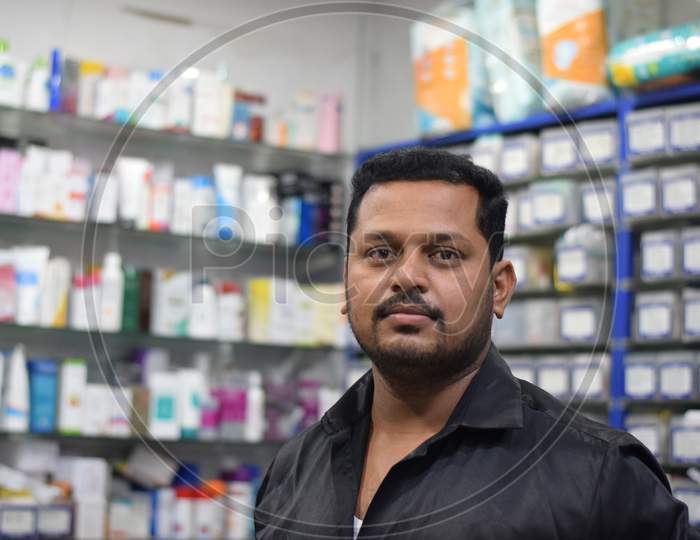 Hyderabad, Telangana, India. June-29-2020: Shopkeeper Running His Business, Corona Pandemic Concept, Medical Store