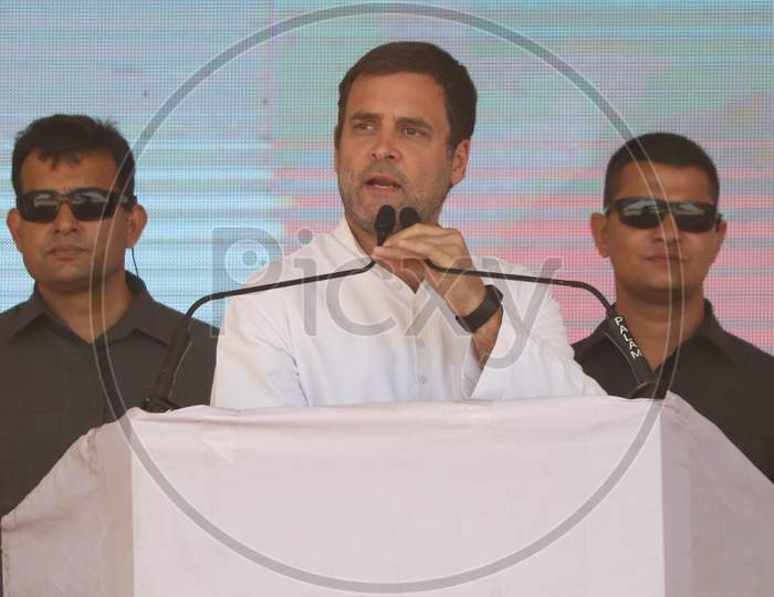 Rahul Gandhi, President of Indian National Congress(INC) delivers a speech during an election campaign rally in Ajmer, Rajasthan on April 25, 2019