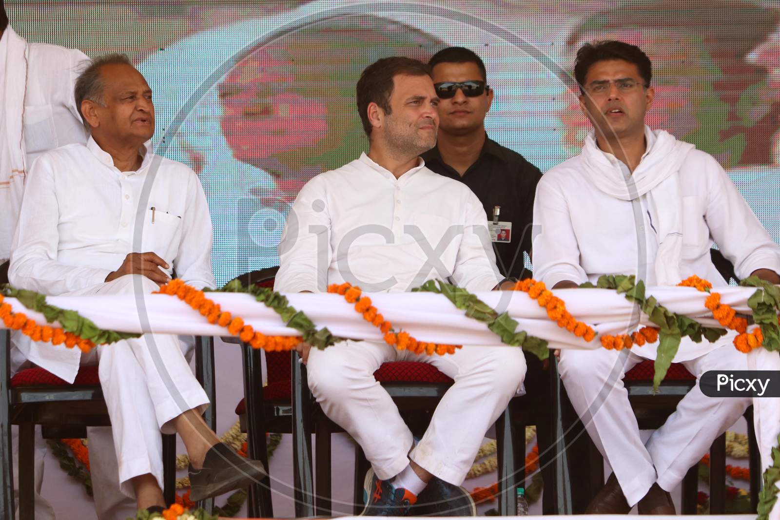 Rahul Gandhi, President of Indian National Congress(INC) with Ashok Gehlot, Rajasthan Chief Minister and Sachin Pilot, Deputy Chief Minister of Rajasthan during an election campaign rally in Ajmer, Rajasthan on April 25, 2019