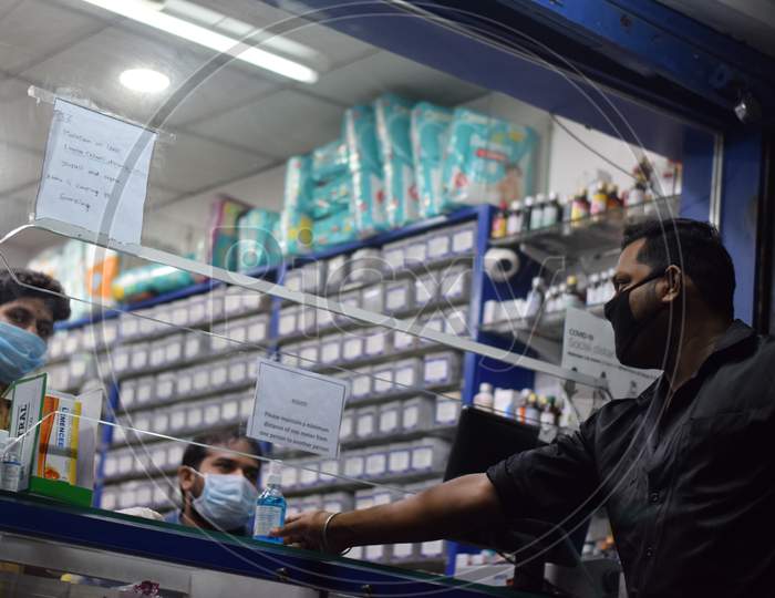 Hyderabad, Telangana, India. June-29-2020: Man Is Buying Hand Sanitizer Product For Hands Washing During The Covid-19, Pandemic Of Corona-Virus