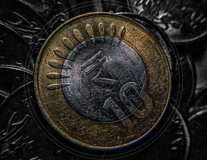 Ten rupee Indian coin close up shot