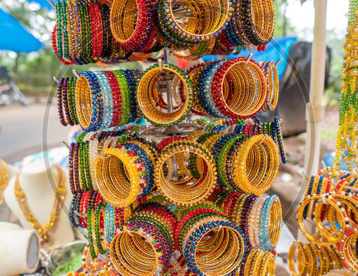 Different Color Bangles On A Stand In The Streets Of Tirumala