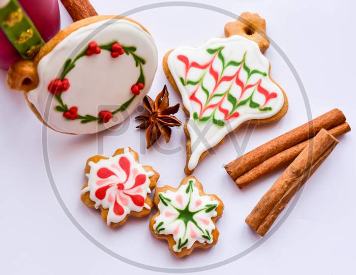 Traditionally Decorated Christmas Ornament Gingerbread Cookies Background