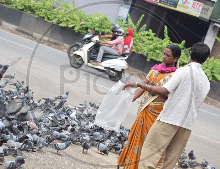 Hyderabad, Telangana, India. july-13-2020: A man and woman is feeding pigeons all around at street road in corona virus pandemic time, peoples caring on birds, wearing mask,  pigeons on road side