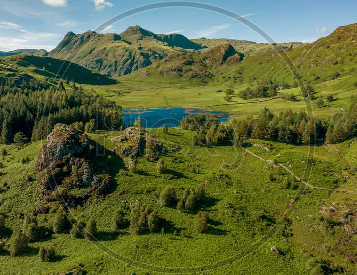 Blea Tan Aerial Shot, The Tarn Is In A Hanging Valley Between Little Langdale And The Larger Great Langdale To The North, The English Lake District