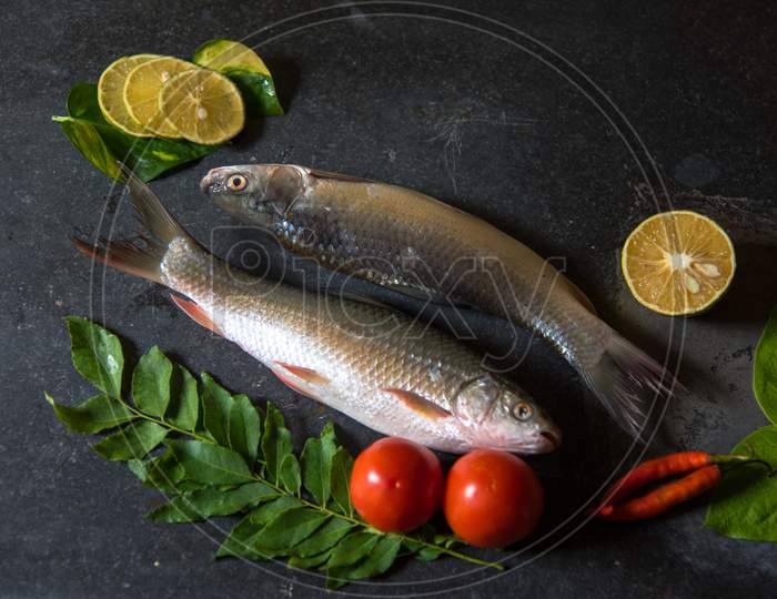 Uncooked Fish On A Black Background