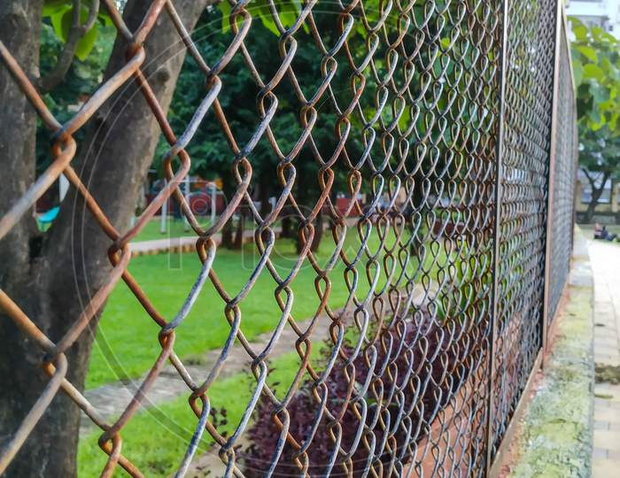 Iron Fencing in Park with Green Background.