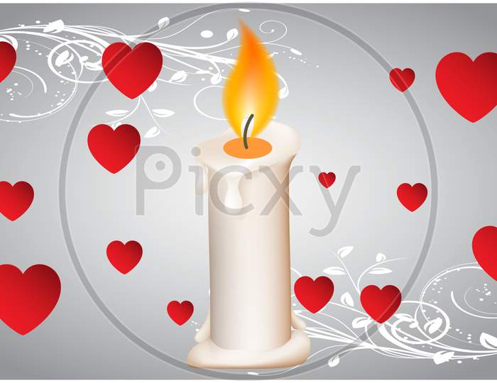 Burning Of Realistic Candle On Abstract Heart Background