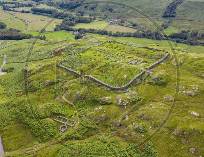 Aerial Of Hardknott Roman Fort Is An Archeological Site, The Remains Of The Roman Fort Mediobogdum, Located On The Western Side Of The Hardknott Pass In The English County Of Cumbria