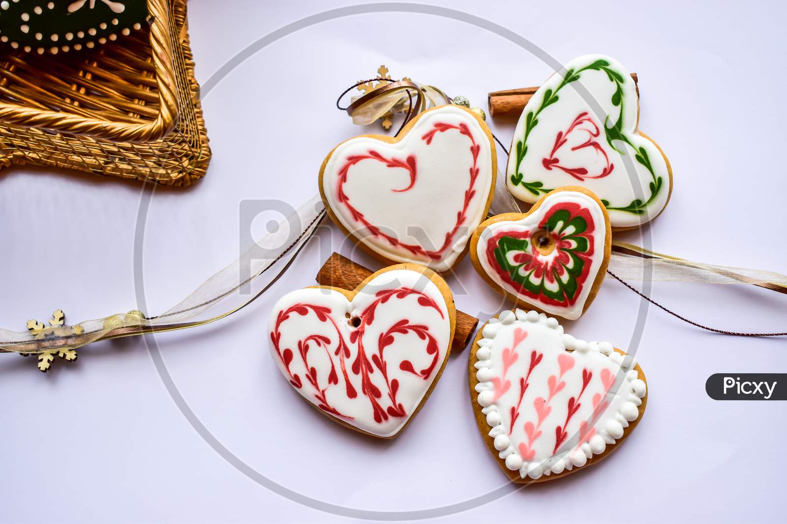Traditionally Decorated Heart Shaped Christmas Gingerbread Cookies Background