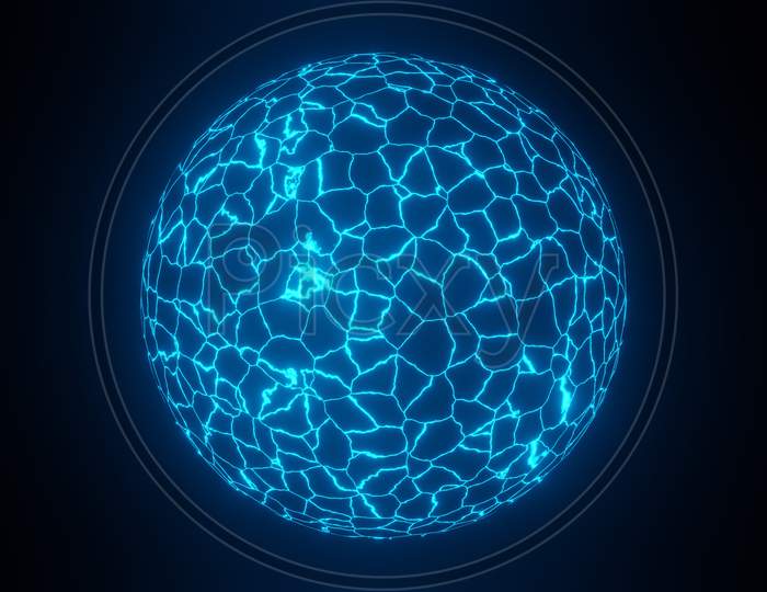 Illustration Graphic Of A Blue Color 3D Render Wired Frame Plasma Sphere Or Circle Isolated On Black Background Seamless Loop. Energy Ball In Dark.