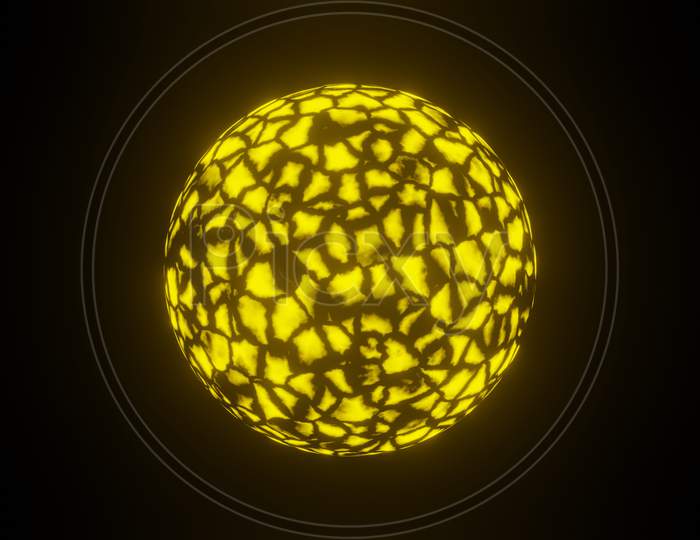 Illustration Graphic Of A 3D Render Yellow Plasma Or Fire Sphere Or Circle Isolated On Black Background Seamless Loop . Energy Ball In Dark.