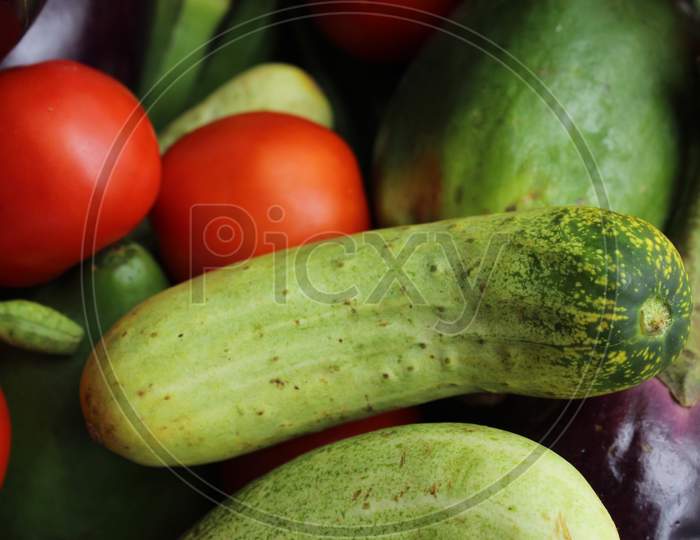 Green cucumber display with selective focus and fresh various raw organic vegetables for healthy and diet background.