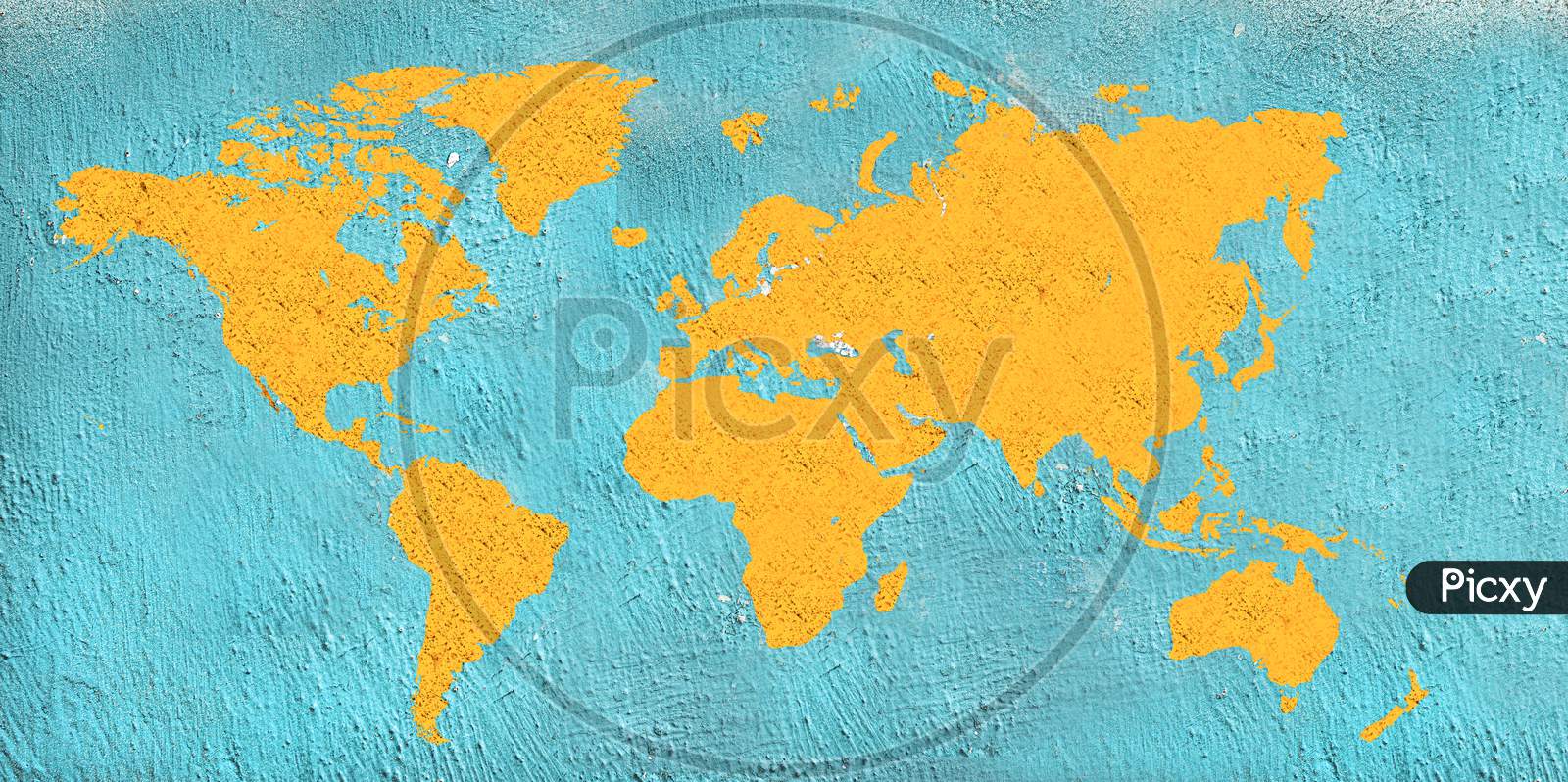 World Map , Yellow Texture And Blue Wall.