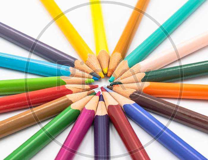 Color Pencils Isolated On White Background In A Circle