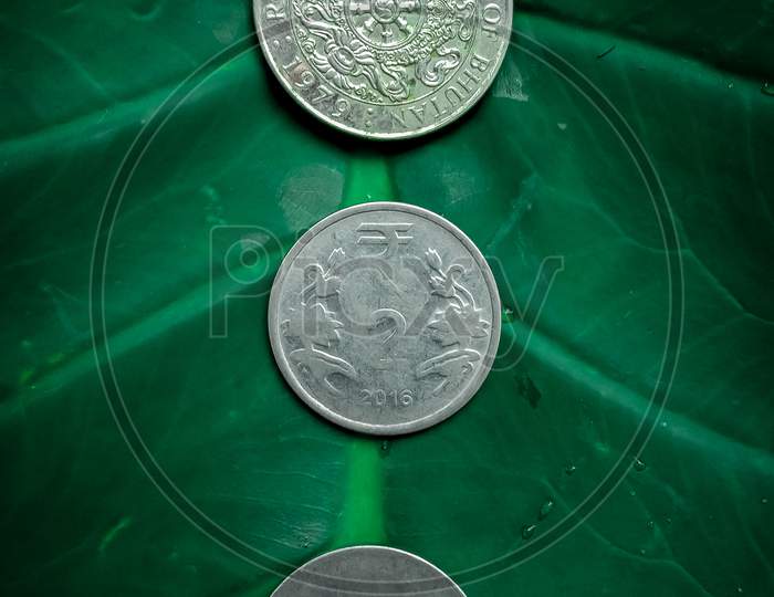 three silver coin in green background with selective focus