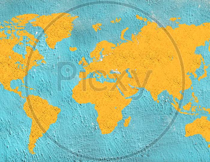 World Map , Yellow Texture And Blue Wall.