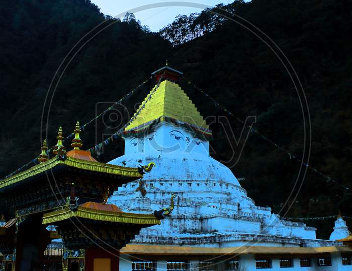 famous and historic gorsam chorten at zemithang, located near tawang hill station in arunachal pradesh, north east india