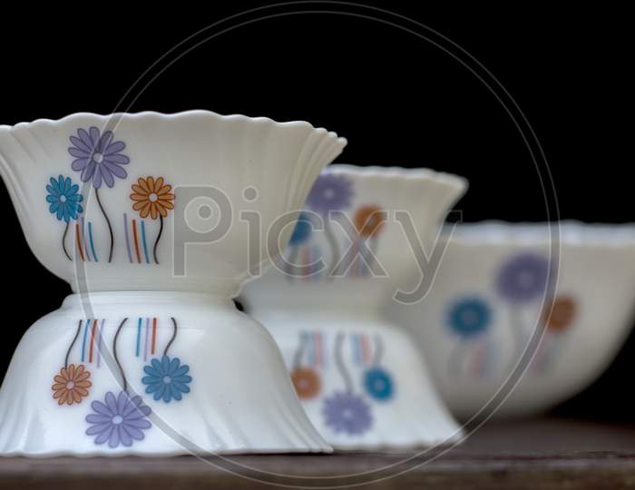 Set Of Soup White Bowls With Beautiful Design On The Edge