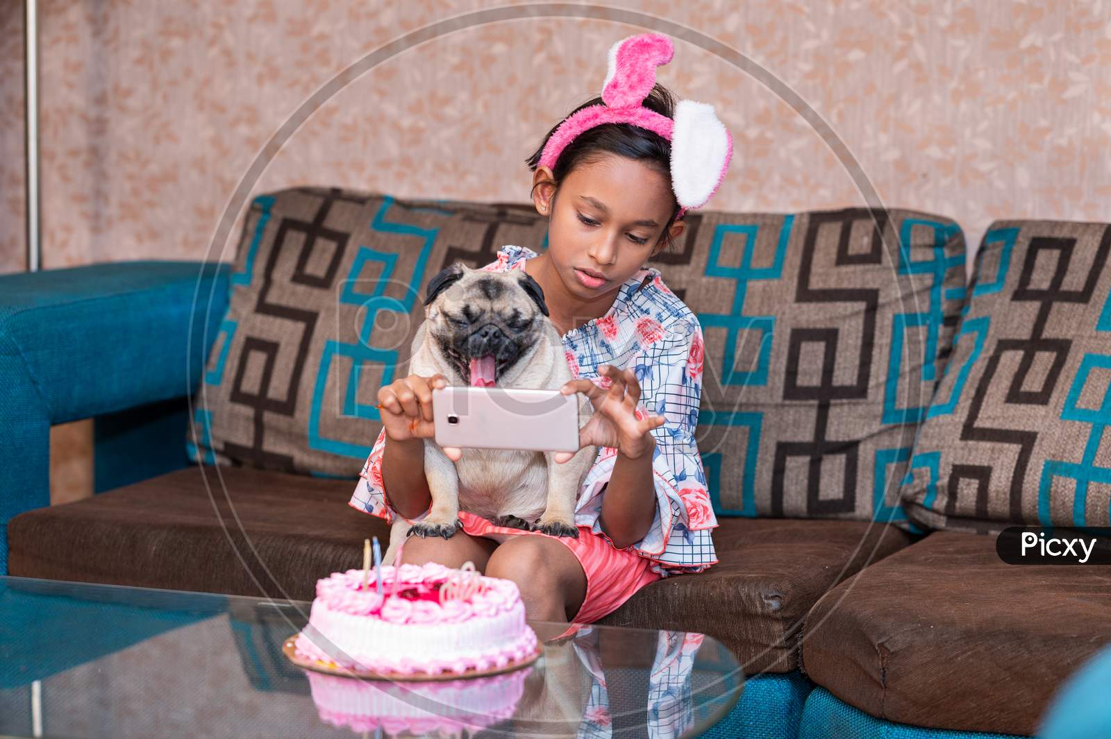 A happy beautiful girl taking photos of her birthday cake with her pet dog. Party, cake, friendship with pet animal concept.