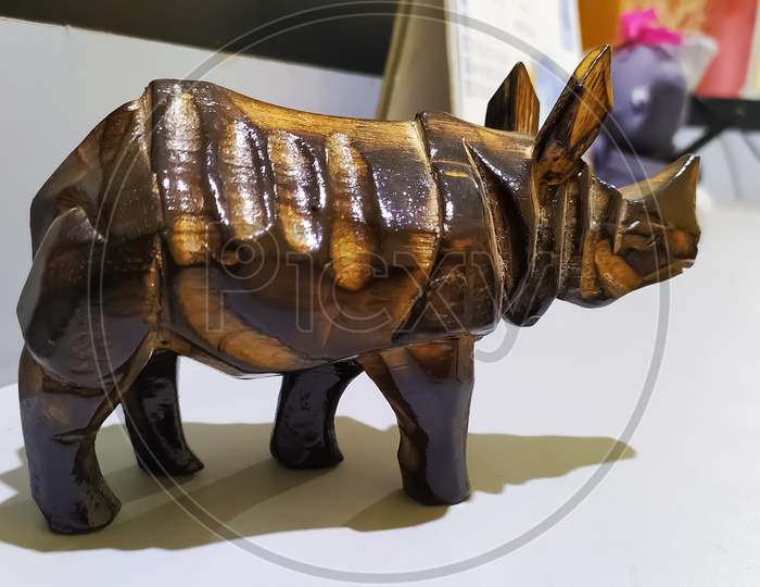 A wooden crafted one-horned rhinoceros