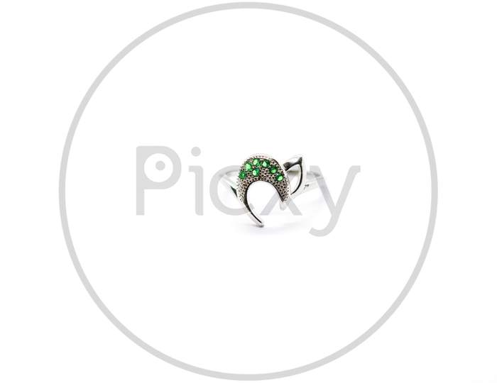Silver Female Ring Design With Green Diamond