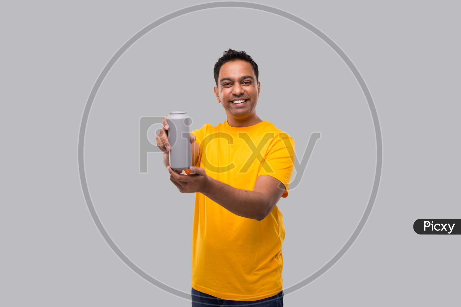 Indian Man Showing Tin Can Isolated. Drink