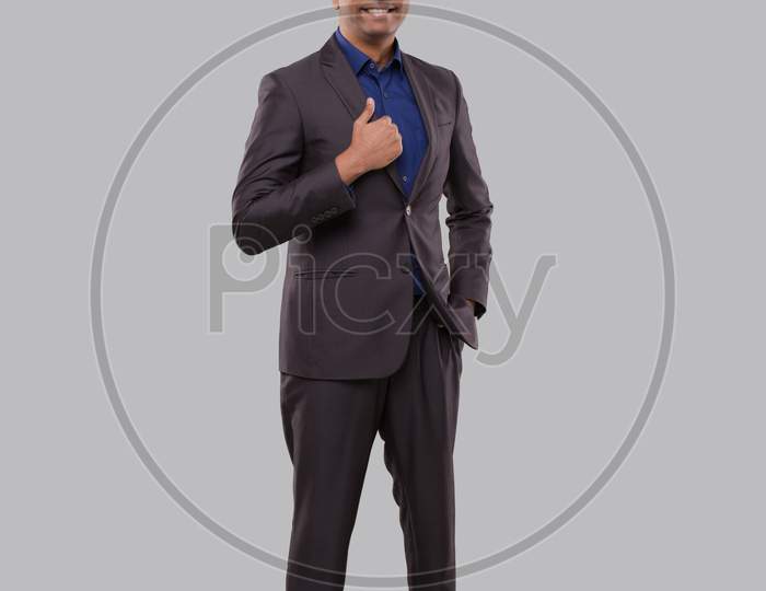 Businessman Smilling In Business Pose Isolated. Indian Businessman Standing Full Length.