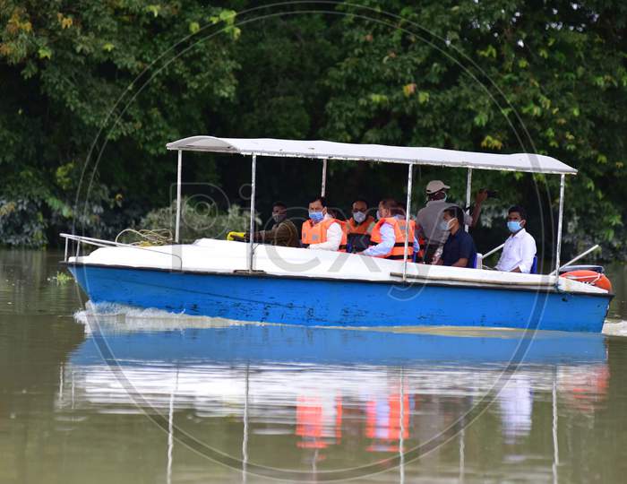 Sarbananda Sonowal, Chief Minister of Assam visits the flood-affected areas of the Kaziranga National Park in Nagaon, Assam on July 16, 2020