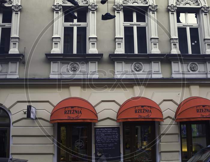 Krakow, Poland - November 02, 2014: Vertical Shot Cityscape Architecture In Kazimierz Old Jewish Town