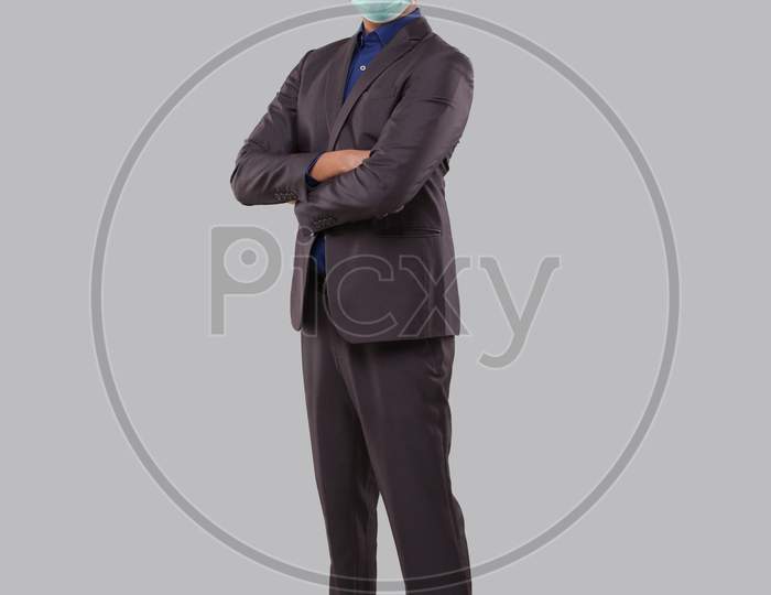 Businessman Hands Crossed Wearing Medical Mask Isolated. Indian Businessman Standing Full Length