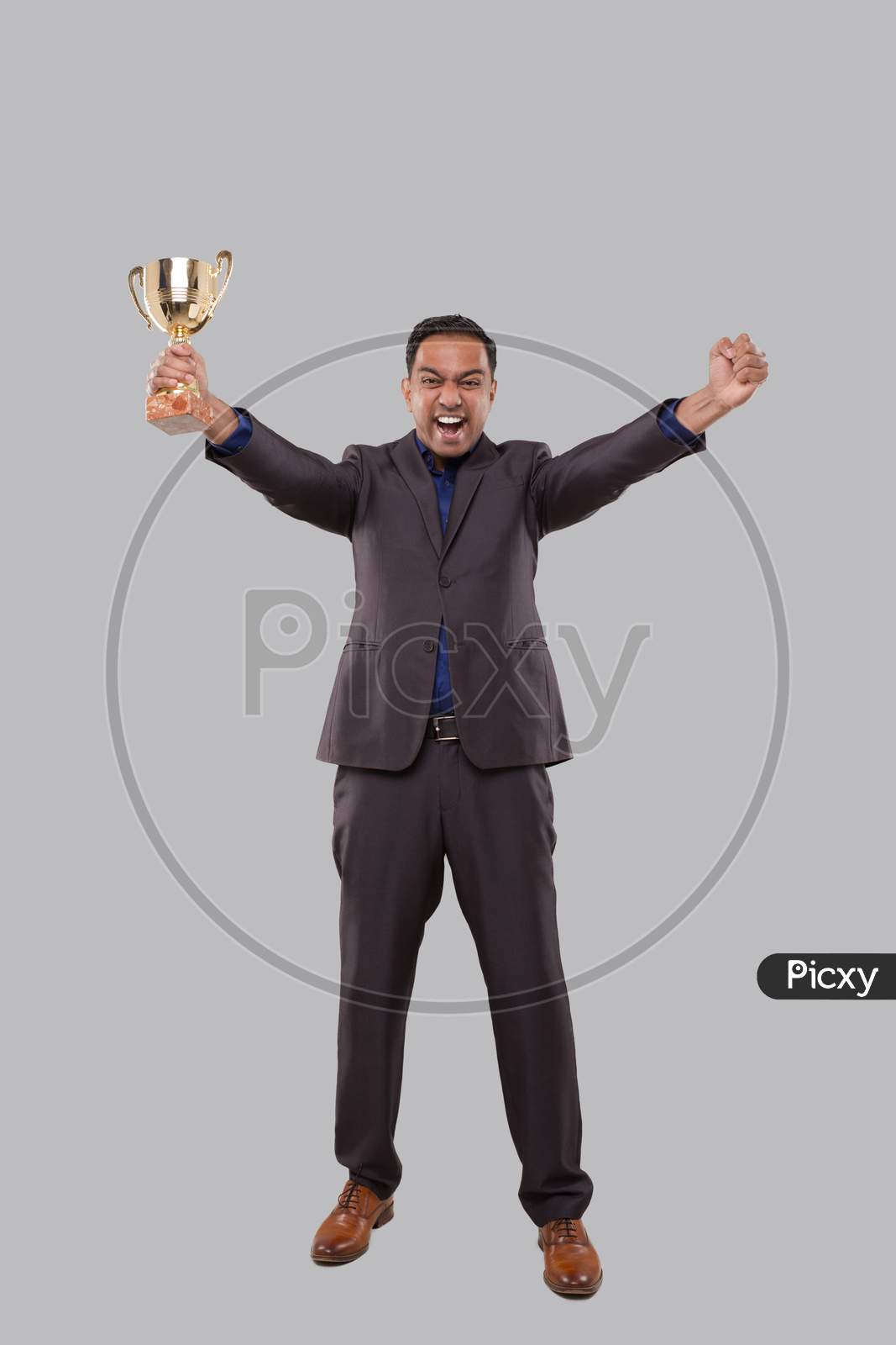Businessman Very Happy And Excited, Raising Arms, Celebrating A Victory Or Success Holding Trophy. Winner Sign. Indian Business Man Isolated With Trophy In Hands