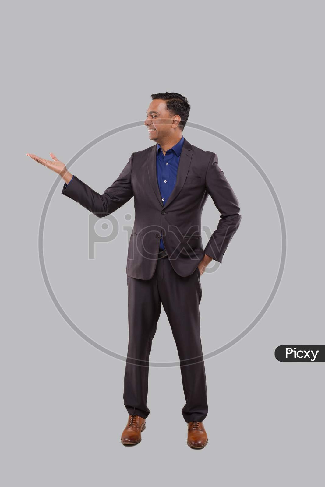 Businessman Showing To Side Isolated. Indian Man Standing Full Lenght